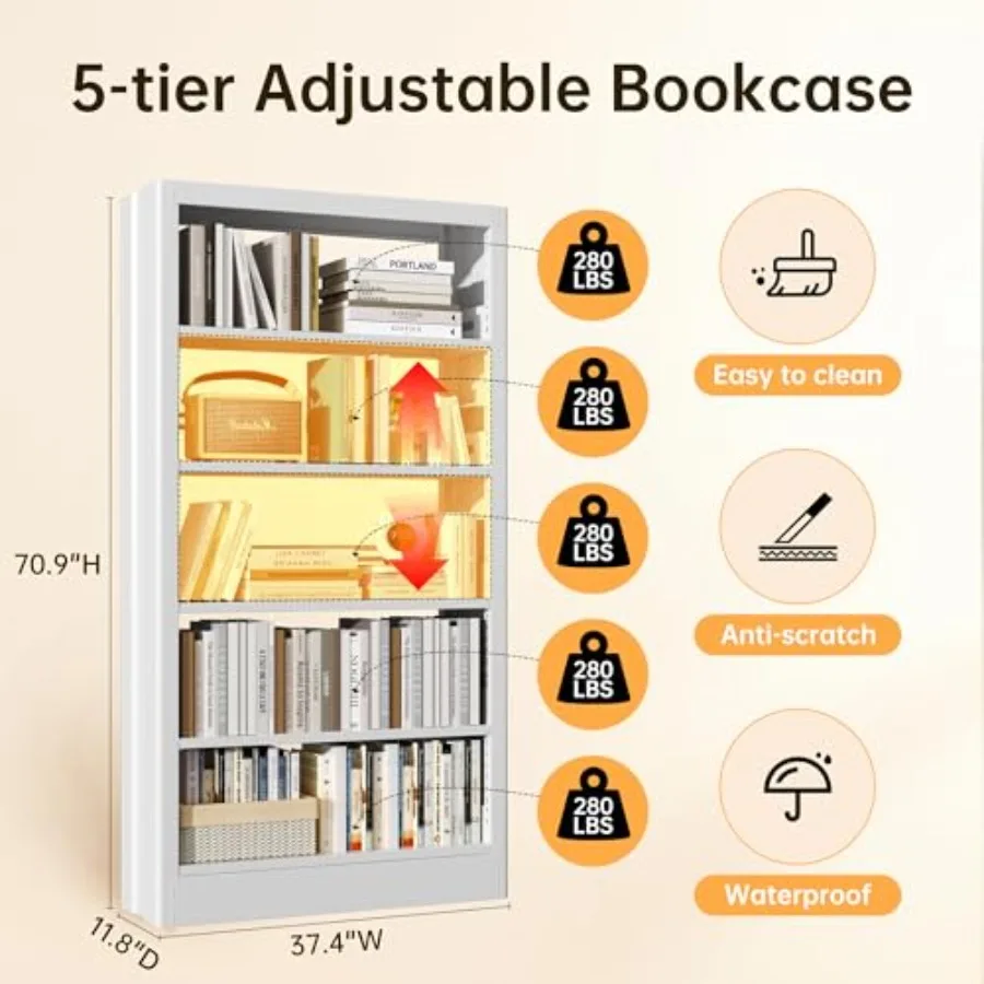 5-Tier Adjustable Bookcase for Library Office Living Room, Heavy Duty Metal Bookshelf with Book Stopper, Black Finish, Space-Sa