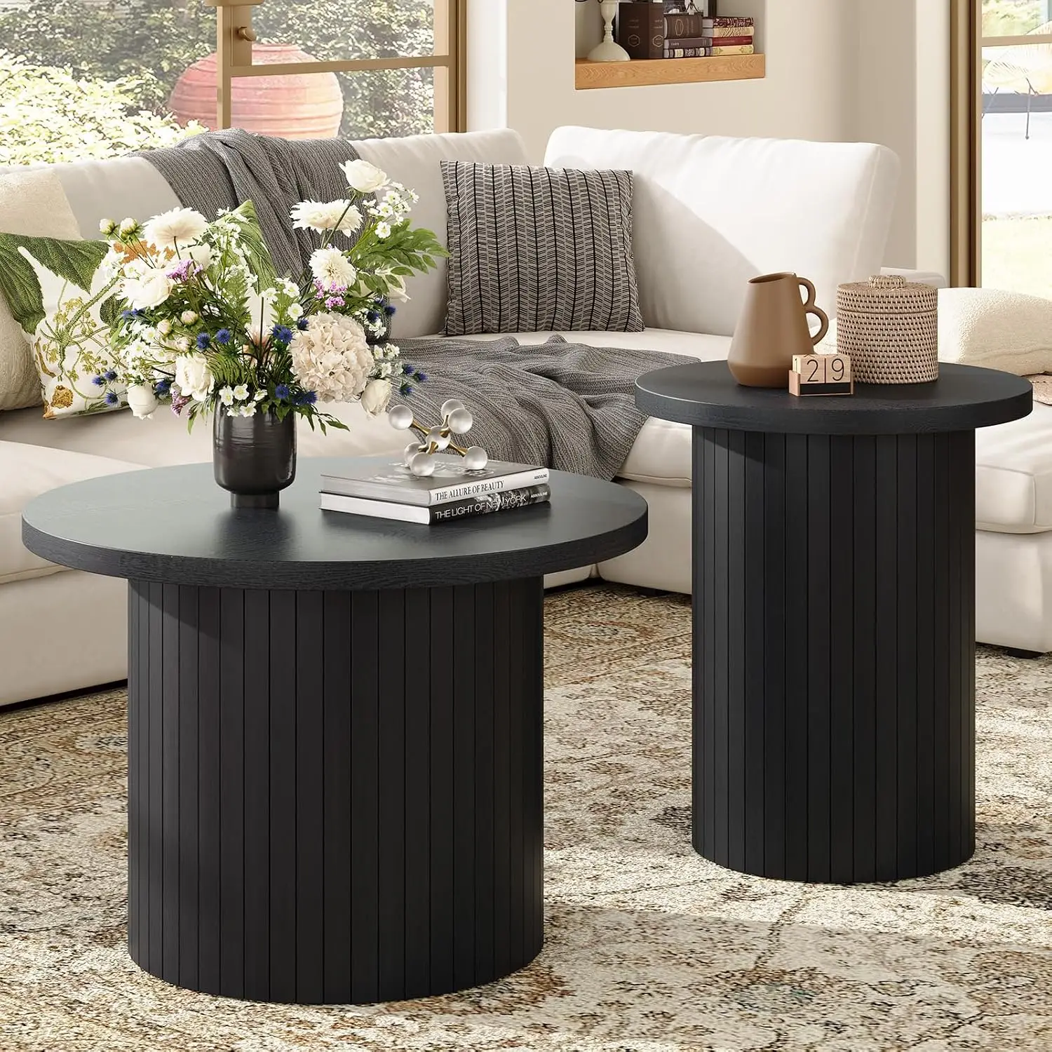 Round Nesting Coffee Table Set of 2, Mid Century Modern Wood Slat for Living Room Office Balcony, Black, Customized