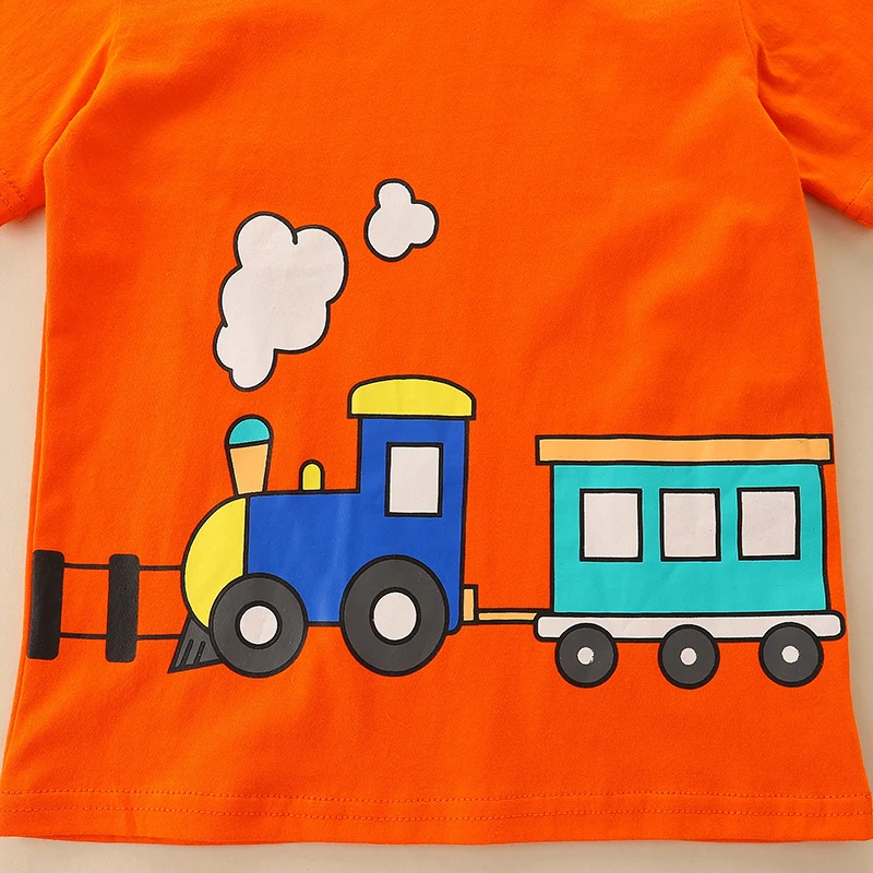 One-piece Summer Boys Short Sleeve Casual Knit Cotton Cartoon Train Print Crew Neck T-shirt 2-7 Y