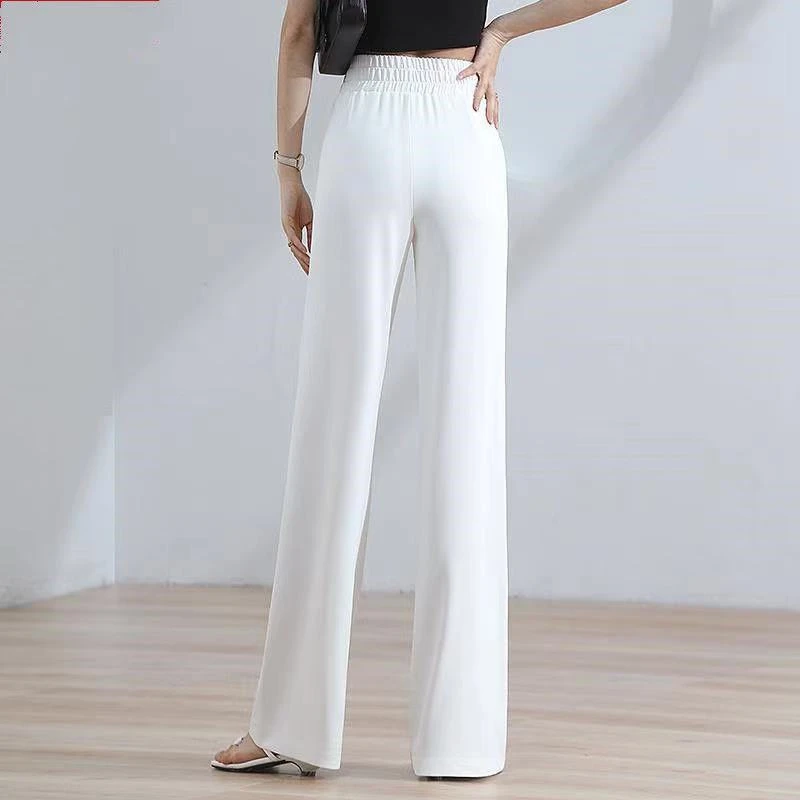 Women\'s Korean Fashion White Ice Silk Drapped Wide Leg Pants Summer Chic Elastic High Waist Straight Trousers Elegant Pantalones