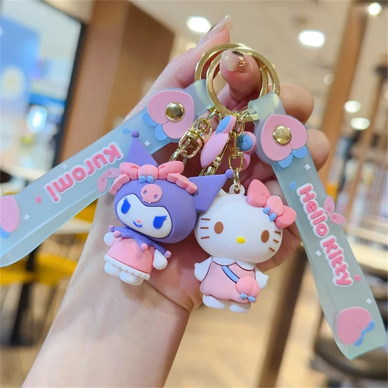 Kawaii Sanrio Hello Kitty Kuromi Keychain My Melody Pompom Purin Pendant Keyring Anime Children Toys Keychains Christmas Gifts