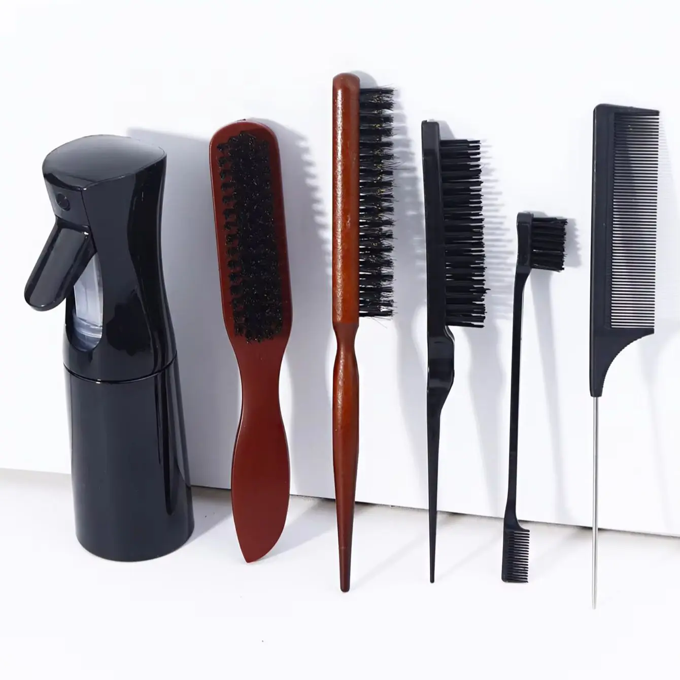 مجموعة أدوات صالون مكونة من 6 قطع، مع زجاجة رذاذ، فرشاة إغاظة عالية الجودة، مشط ذيل، فرشاة تحكم في الحواف خاصة بشعر مستعار حقيقي