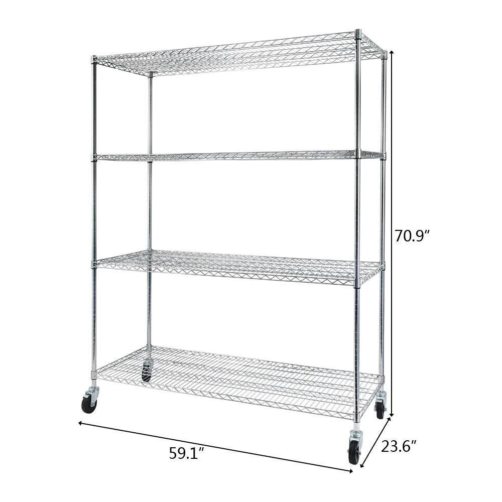 NSF Heavy Duty ajustável armazenamento Metal Rack com rodas e forros de prateleira, 4 camadas, ideal para garagem, cozinha e muito mais-Chrome