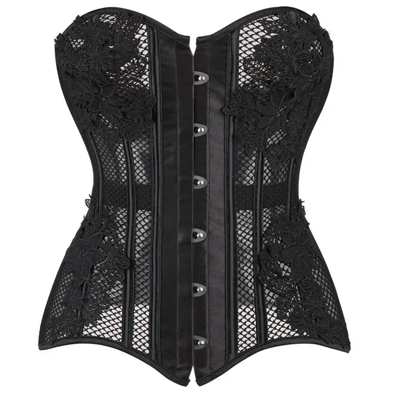 Women Sexy Mesh Hollow Out Corset Floral Lace Up Boned Bustier Overbust Body Shaper Lingerie Bodyshaper Corselet Top