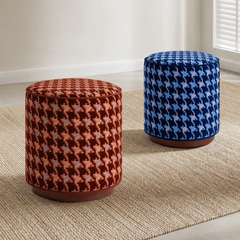 Small Round Fabric Stool Grid Pattern Low Footrest for Living Room Entryway Dressing Area Durable Shoe Changing Seat