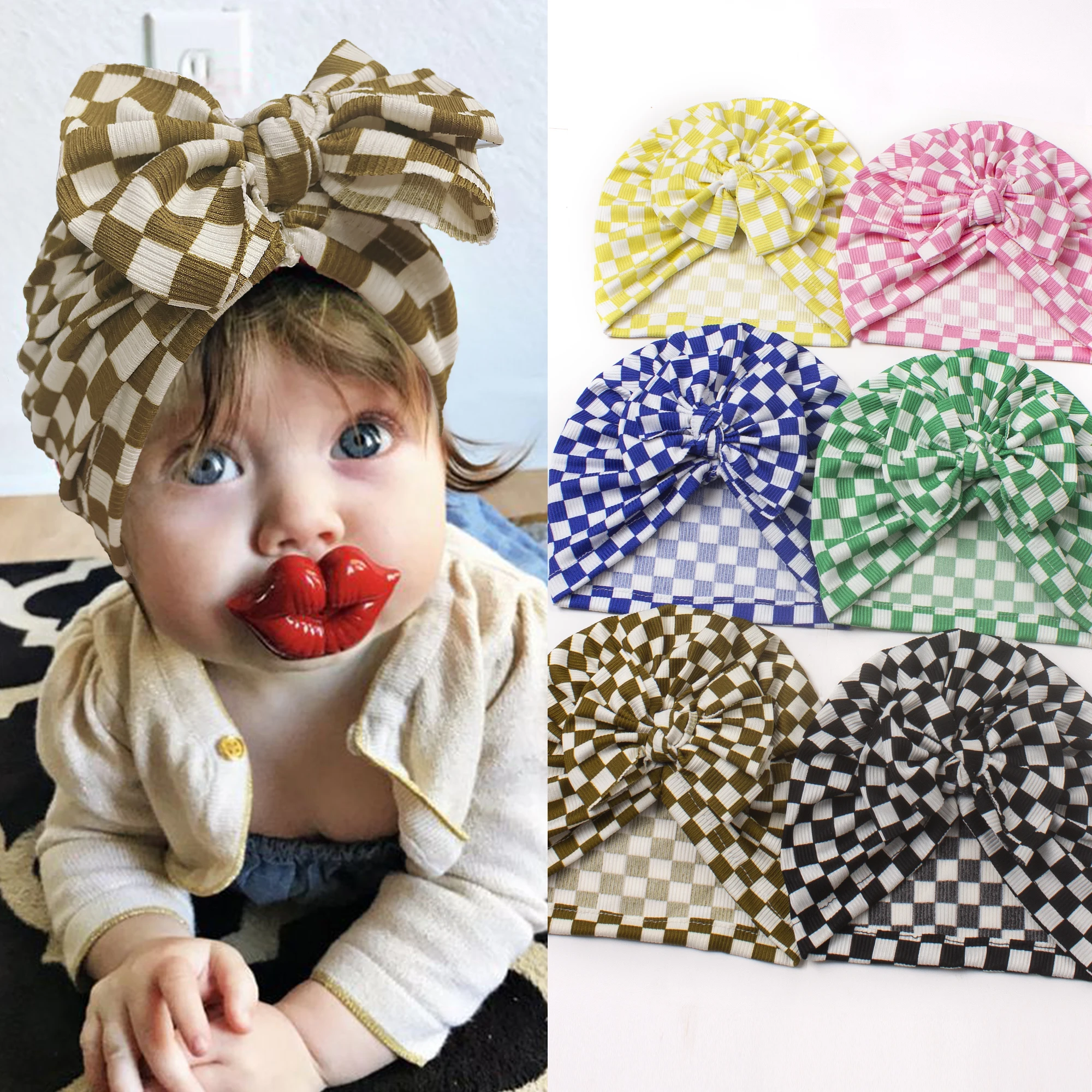 

12pc/lot Baby Knitted Turban Infant Knotbow Hat Girls Kid Plaid Bonnet Newborn Beanie Caps Headwrap Toddler Photo Props Headwear