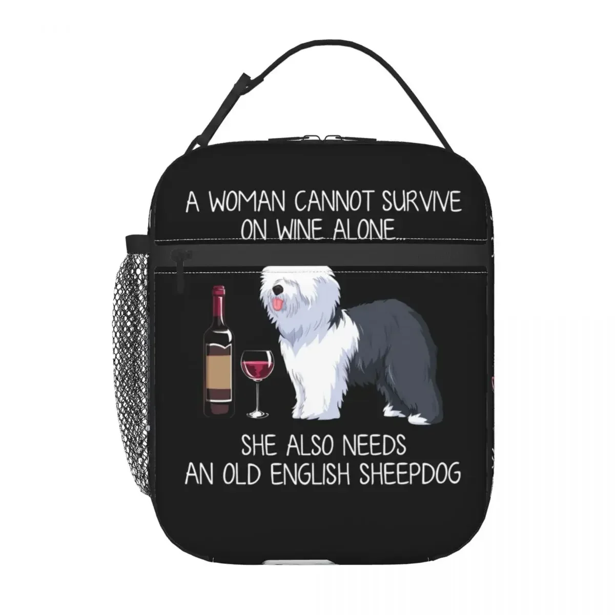 Old English Sheepdog And Wine Thermal Insulated Lunch Bag Funny Dog Animal Lunch Container Work School Travel Storage Food Box