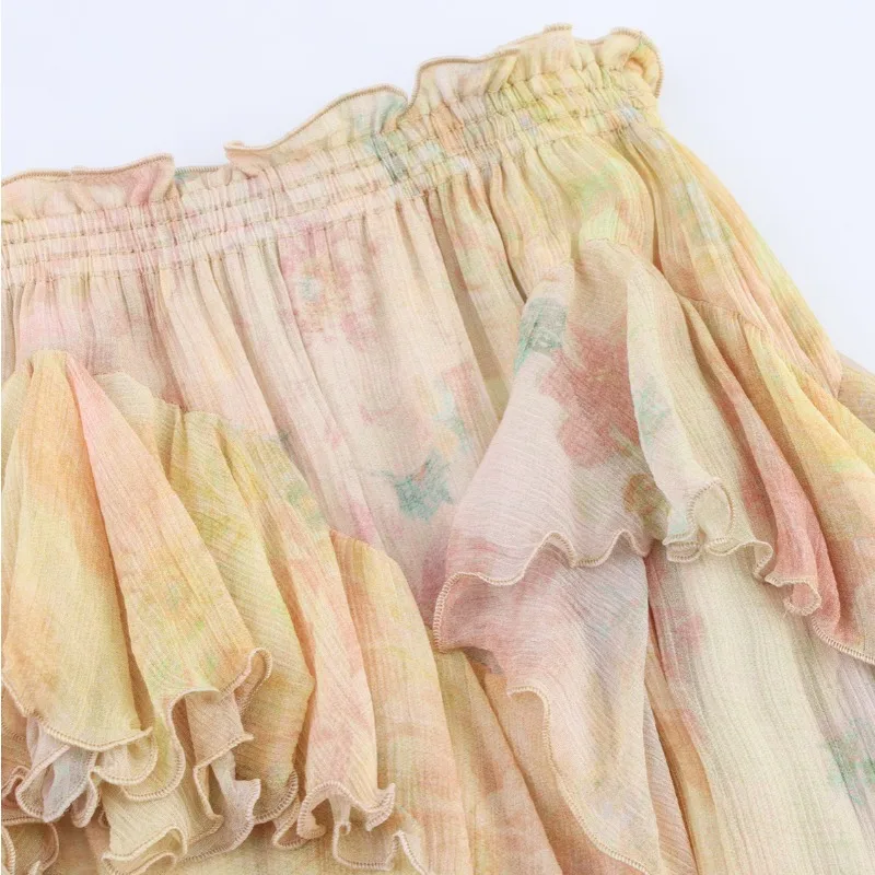 Faldas con volantes para mujer, faldas largas plisadas de cintura alta elástica, estampado elegante, moda de verano, ropa de calle, falda Irregular para mujer