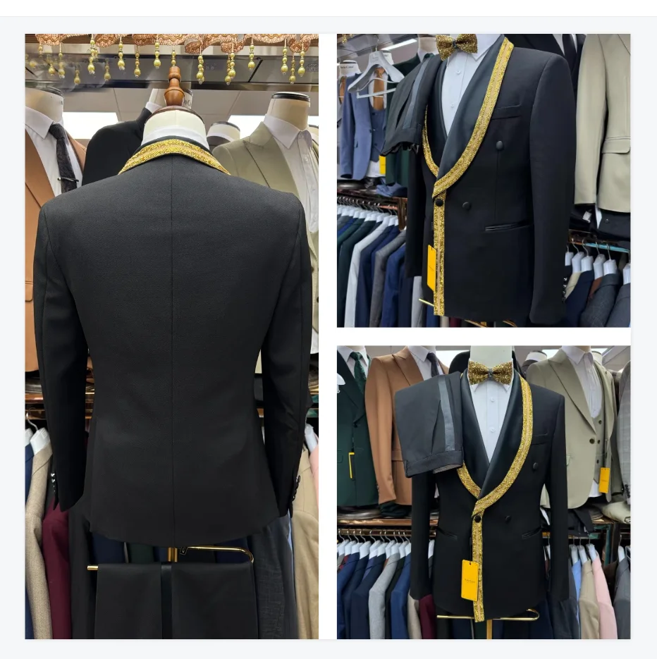 

Golden Crystals Men Suit Set 2 Pcs Black Blazer+Pants Trousers Wedding Tuxedo Formal Business Office Jacket Prom Coat Customized