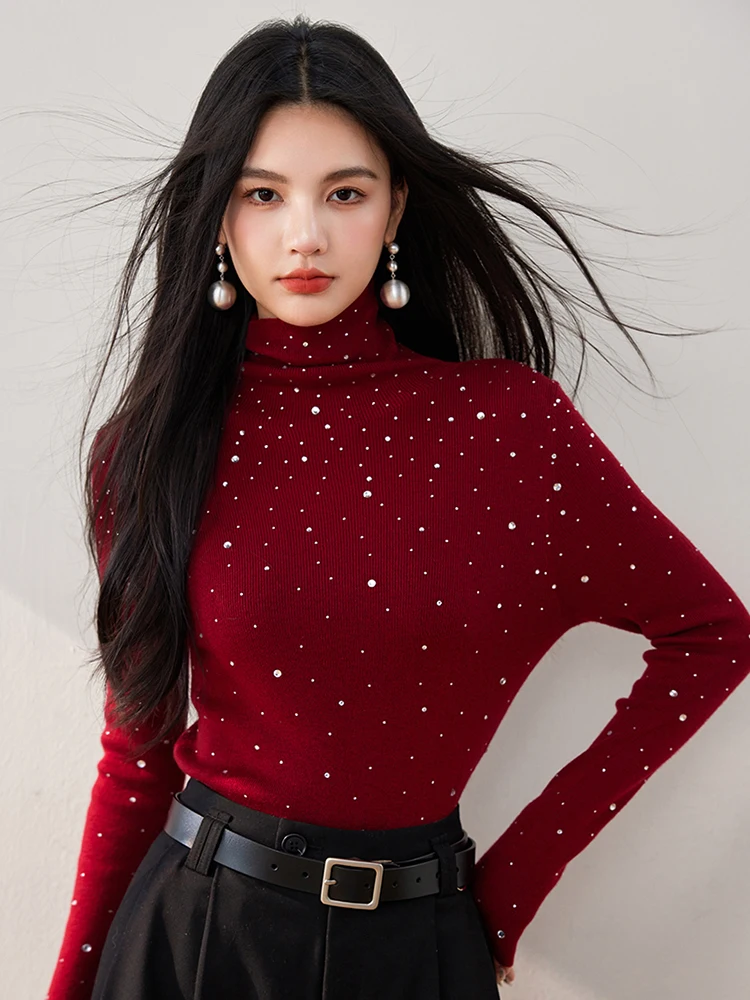 Autumn Winter Turtleneck Sweaters Women Sparkling Diamond Tops Slim Fit Pullover Fashion Long Sleeve Knitted Sweater