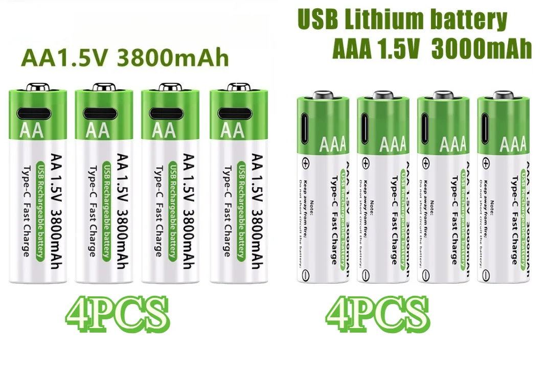 4 шт., 3800 мАч, 1,5 В, AA AAA, аккумуляторные батареи с быстрой зарядкой типа C, литиевая батарея постоянного напряжения для игрушек/игр
