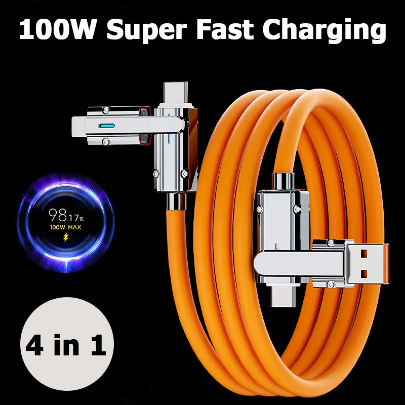 2-to-2 Data Cable 100w Super Fast Charging Cables Zinc Alloy PD 4-in-1 Multi USB Type C to Lightning Type C for Phone Tablet