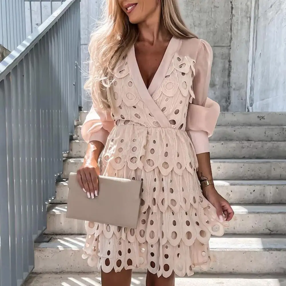 

Autumn Women Dress Retro Solid Hollow Out Lace Shirt Dress Elegant V Neck Long Sleeve Back Zipper Multi Layers Party Dress