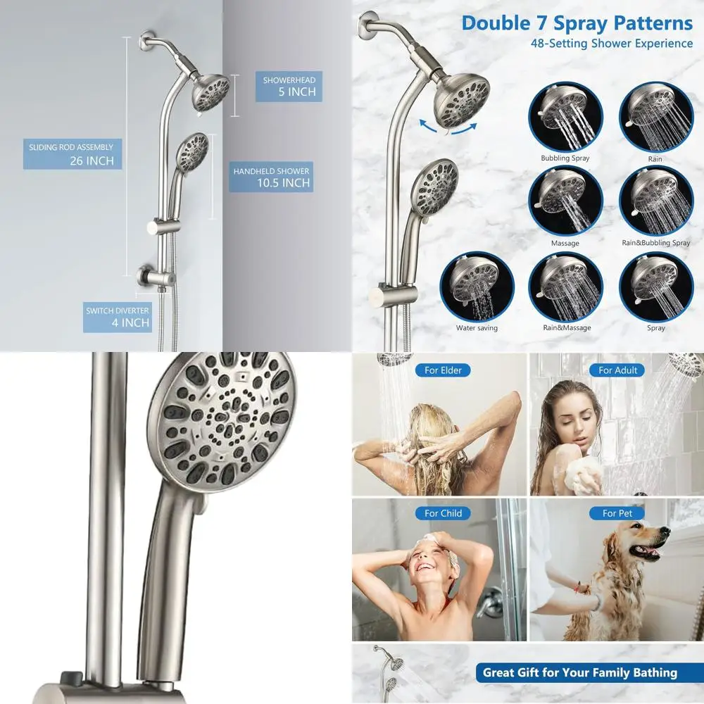 

Adjustable Height 48-Setting Shower Head with Handheld, 3-Way Diverter, and Slide Bar - Brushed Nickel