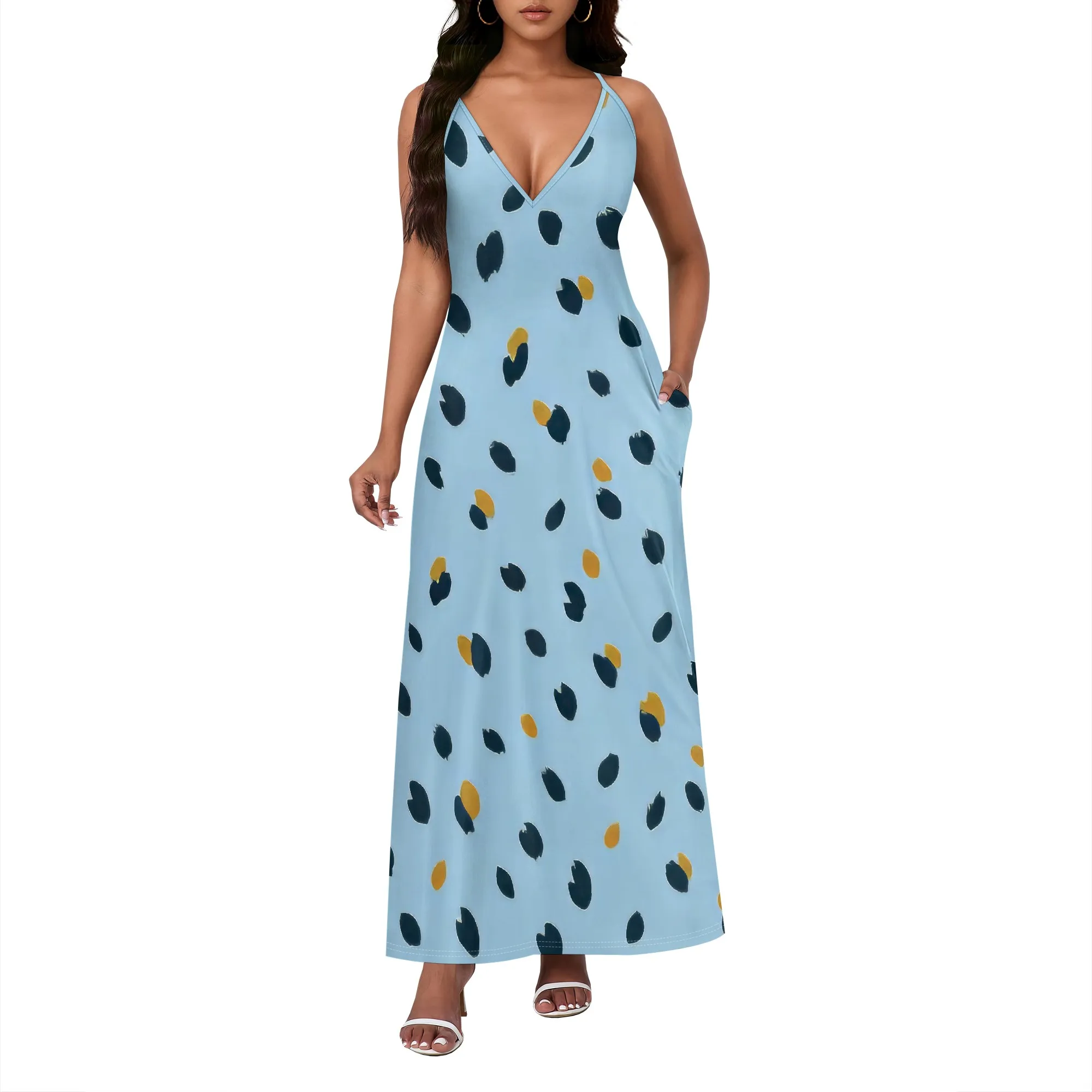 Maxi Pokla Dot Sundress 여성용 스파게티 스트랩 V 넥 느슨한 발목 길이 비치 수영 커버 드레스