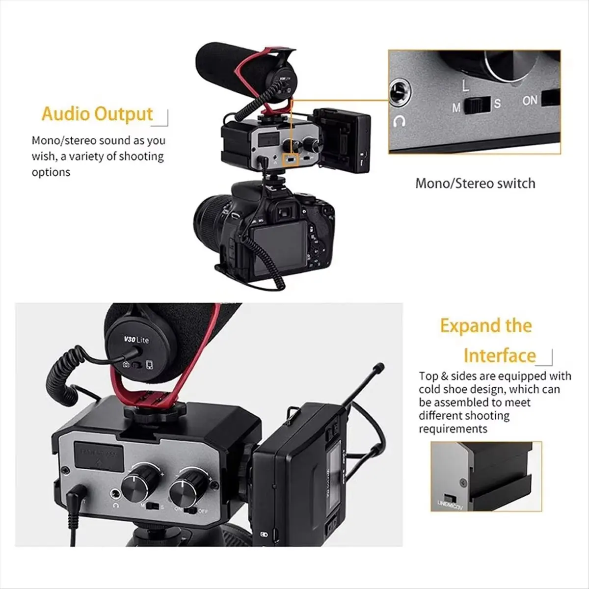 

【AA85】 DSLR Audio Adapter Microphone Audio Mixer Adapter with Real-Time Monitoring Dual Channels 3.5mm Port Camera Mixer