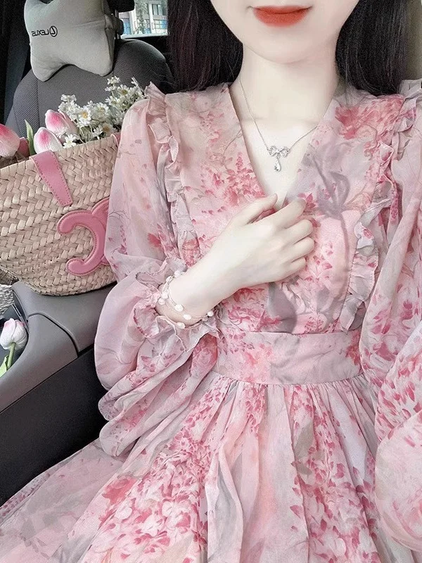 

Elegant Floral Print Chiffon Dress Women's Fashion Spring Autumn 2026 New Style Slim Fit Long Sleeve Midi Skirt Korean Style ...