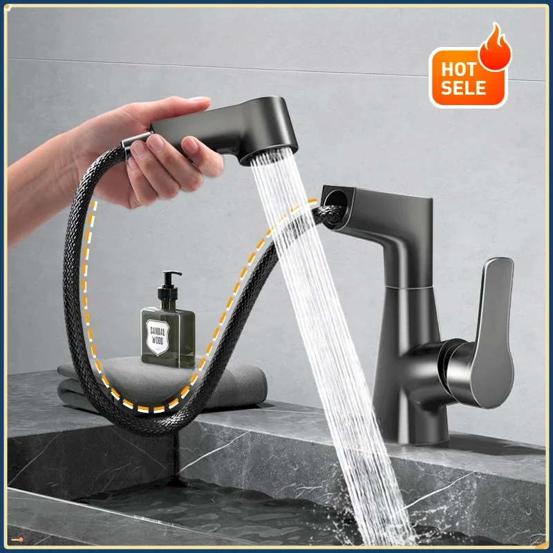 

Basin Faucet Bathroom Pull Out Lift Mixer Tap Hot and Cold Water 360° Lift Up and Down Bathroom Sink Faucet