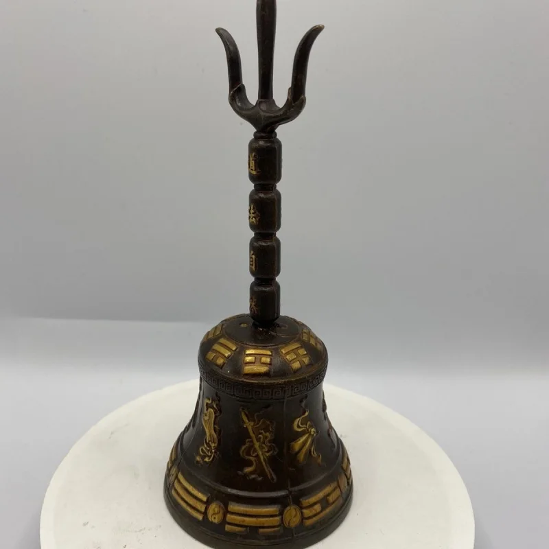 

Позолоченный медный колокольчик Sanqing, погремушка, рукоятка из чистой меди, колокольчик для церемонии, колокольчик для судна Дхарма, три вилки, латунный колокольчик, даосский C