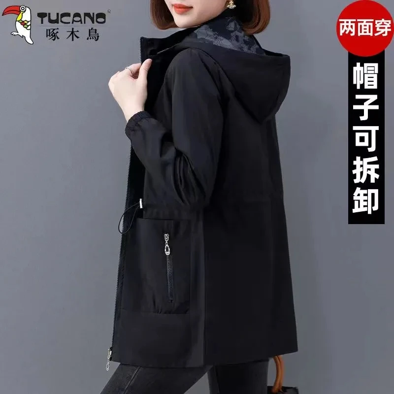 

Double- Sided Trench Coat 4XL Womens 2025 Spring Autumn New Hooded Print Long Windbreaker Jacket Female Slim Outerwear Tops