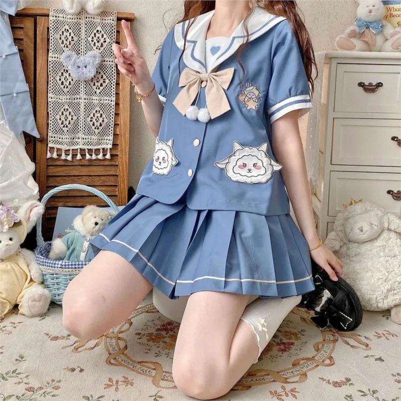 Women blue jk uniform spring long/short sleeved sailor suit Schoolgirls Sailor Tie Pleated Skirt Outfit cute Anime COS Costume