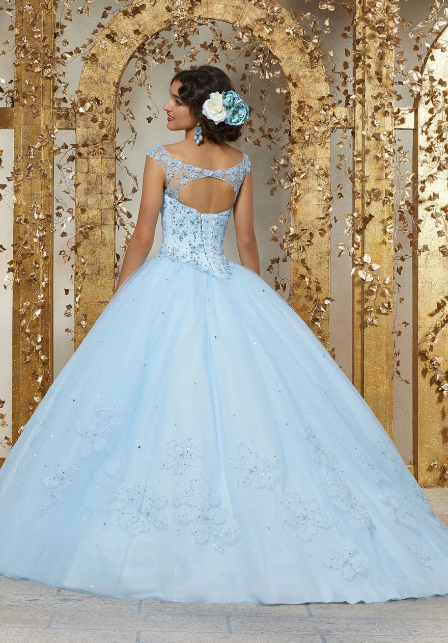 Robe de Quinceanera bleu ciel personnalisée, robe de Rh, mancherons, paillettes perlées, robe mexicaine Sweet 16, robe éducative de 15 ans, 2024, YQD101