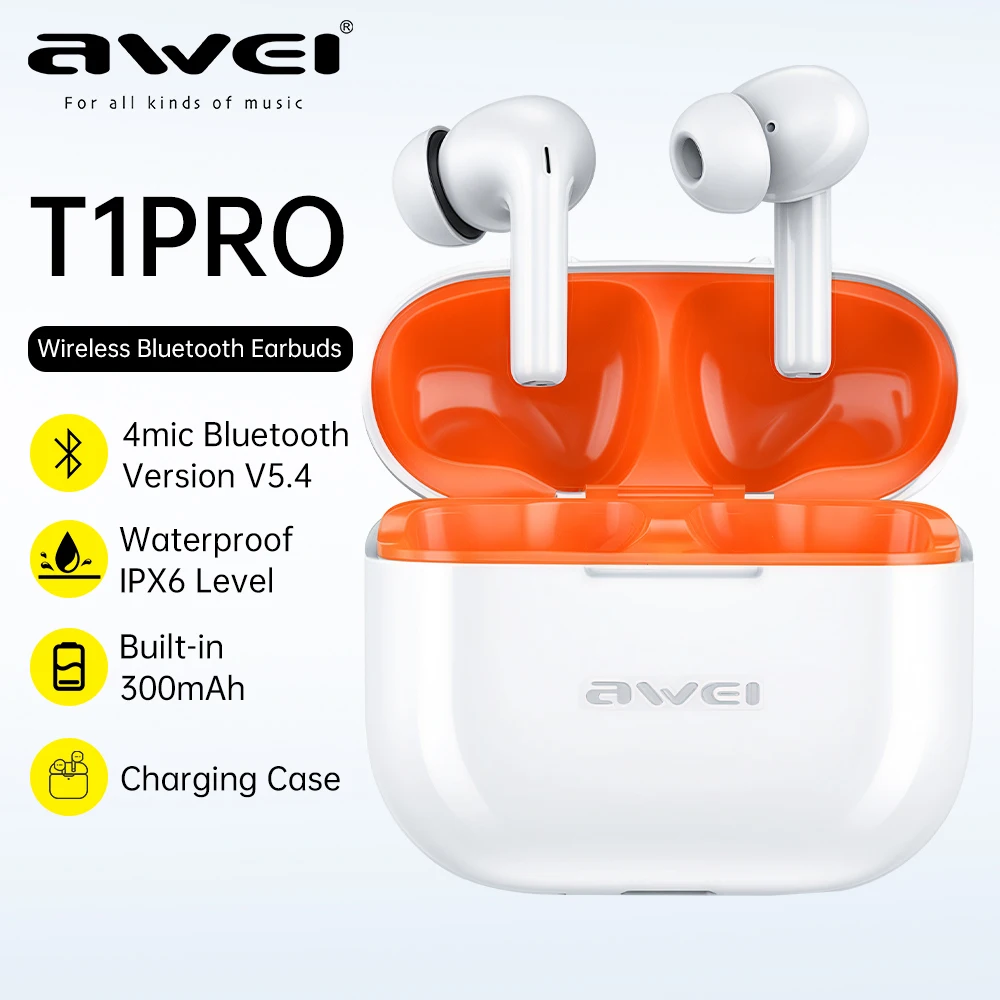 سماعات أذن Awei T1Pro TWS بلوتوث 5.3 سماعات أذن لاسلكية للألعاب سماعات أذن للحد من الضوضاء مع ضوء Shenzhen HongKong RGB