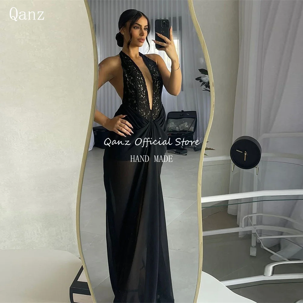 

Qanz Sexy Deep V Neck Prom Dresses Black Chiffon Mermaid Robes De Soirée Backless Halter Lace Vestidos De Festa Customized