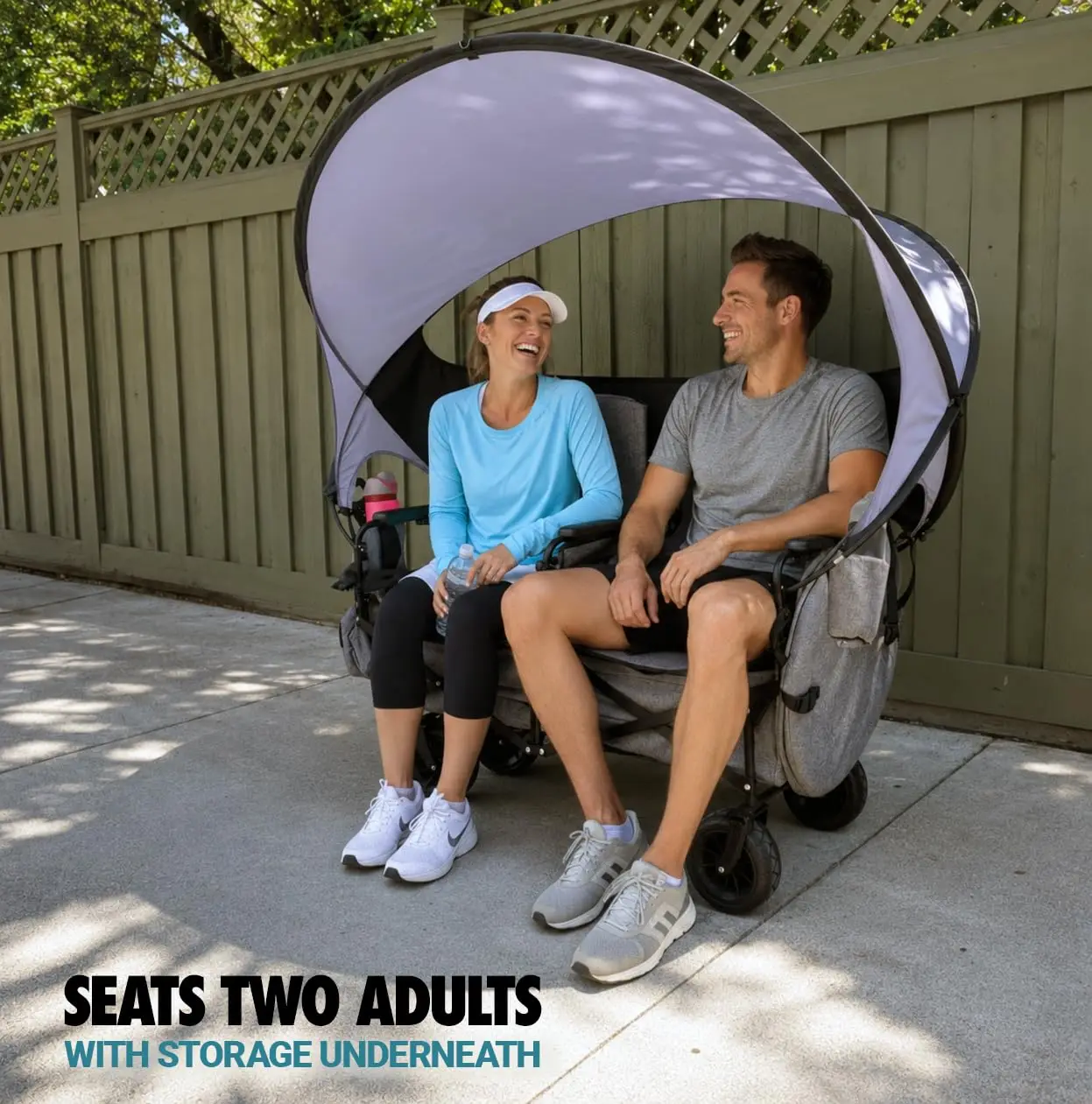 Lawn Chariot, Folding Wagon with 2 Adult Seats & UPF 50+ Canopy, Under-Seat Storage, All-Terrain Wheels, Black, Customized