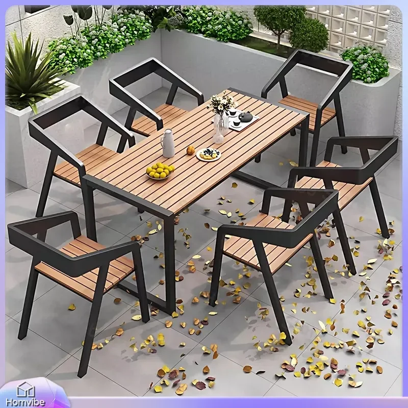 Outdoor Patio Furniture Set Plastic Wood Garden Dining Table and Chairs Weatherproof Casual Balcony Cafe Bistro Open Air