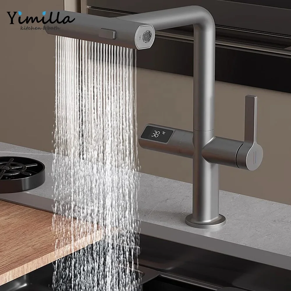 New arrival kitchen sink faucet digital sensor pull out sink mixer multi-color black waterfall kitchen faucet