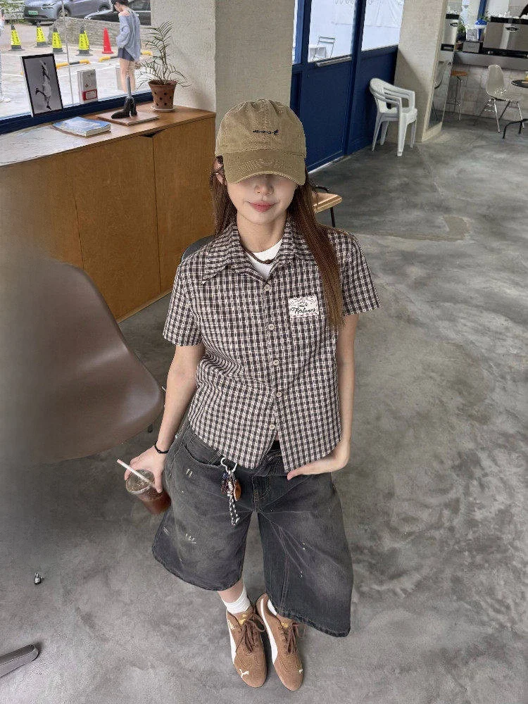 

Женский летний повседневный кардиган XFX в американском ретро-стиле, свободного кроя, в клетку, с коротким рукавом, приталенный, из хлопка, модный топ