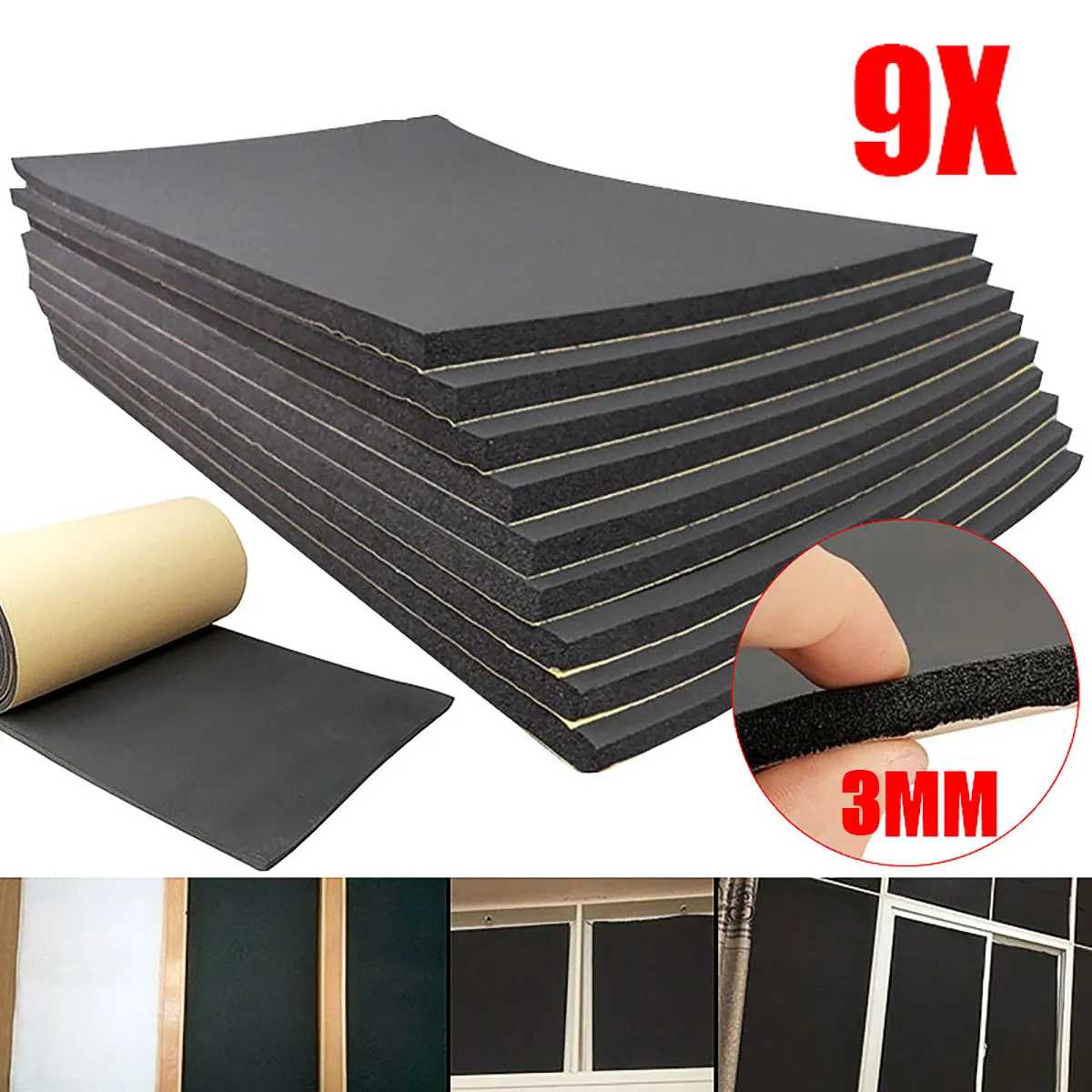 9pcs 50x30cm 3mm Car Soundproof Cotton Sound Deadener Mat Hood Engine Bonnet Noise Insulation Sound Absorption Cotton