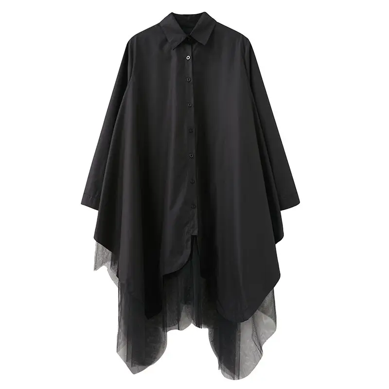 Abito camicia da donna di grandi dimensioni con orlo irregolare nero Nuovo risvolto manica lunga vestibilità ampia moda marea primavera autunno 2025