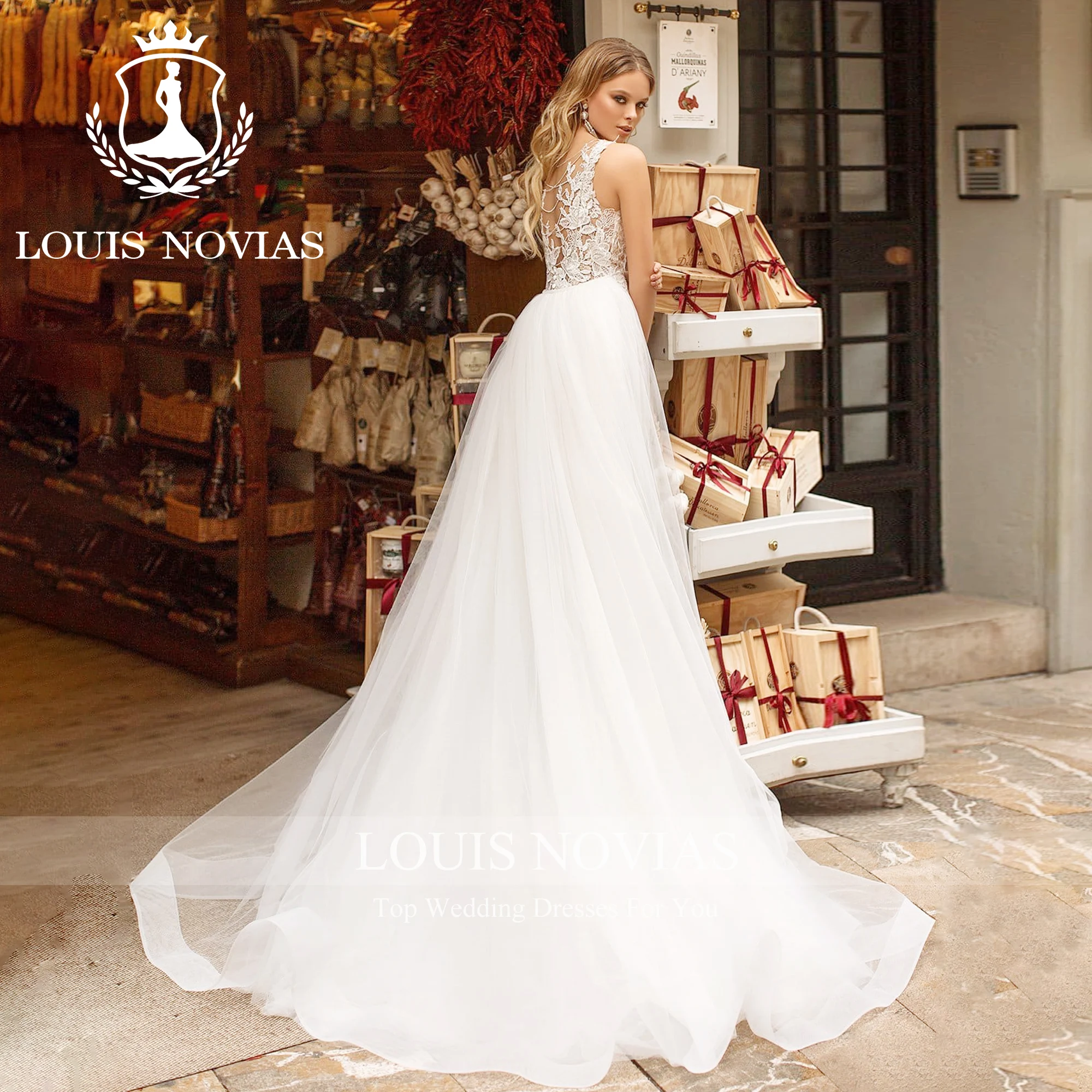 LOUIS NOVIAS 2 IN 1 Mermaid Wedding Dress Sexy Deep V-neck Appliques TASSEL Detachable Train Wedding Gown Chic Vestidos De Novia