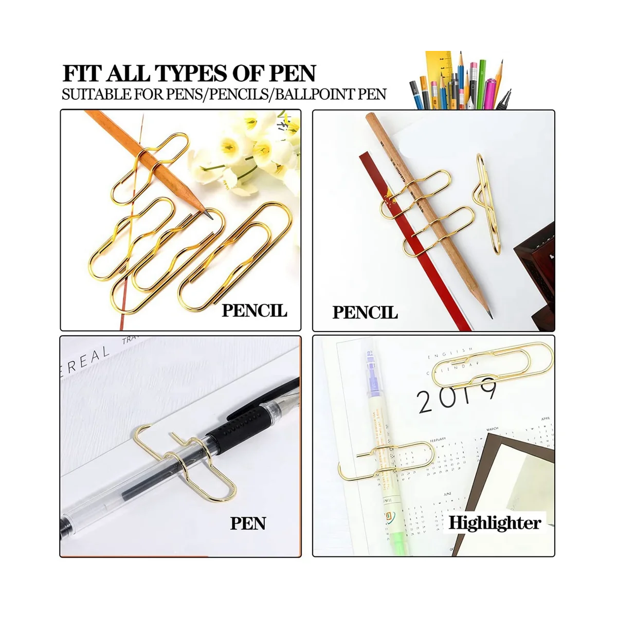 30PCS Metal Pencil Clips Multifunctionional Gold Pen Clips Paper Clip Stationery Tool Stainless Steel Paper Clip Holder