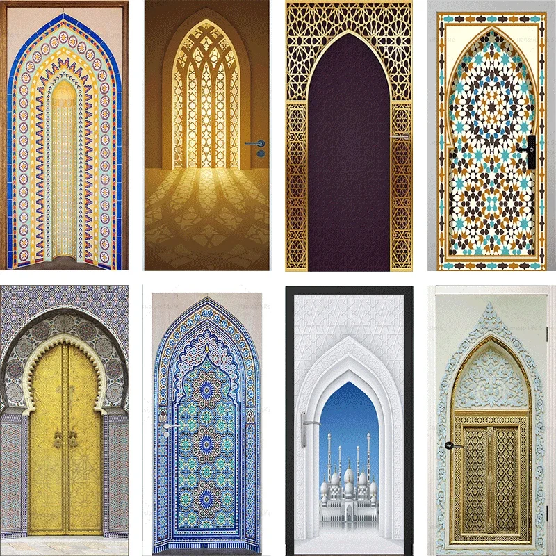 

3D Self-adhesive Waterproof Door Stickers Islamic Style Retro Arch Design Home Decoration Room Door Wall Stickers