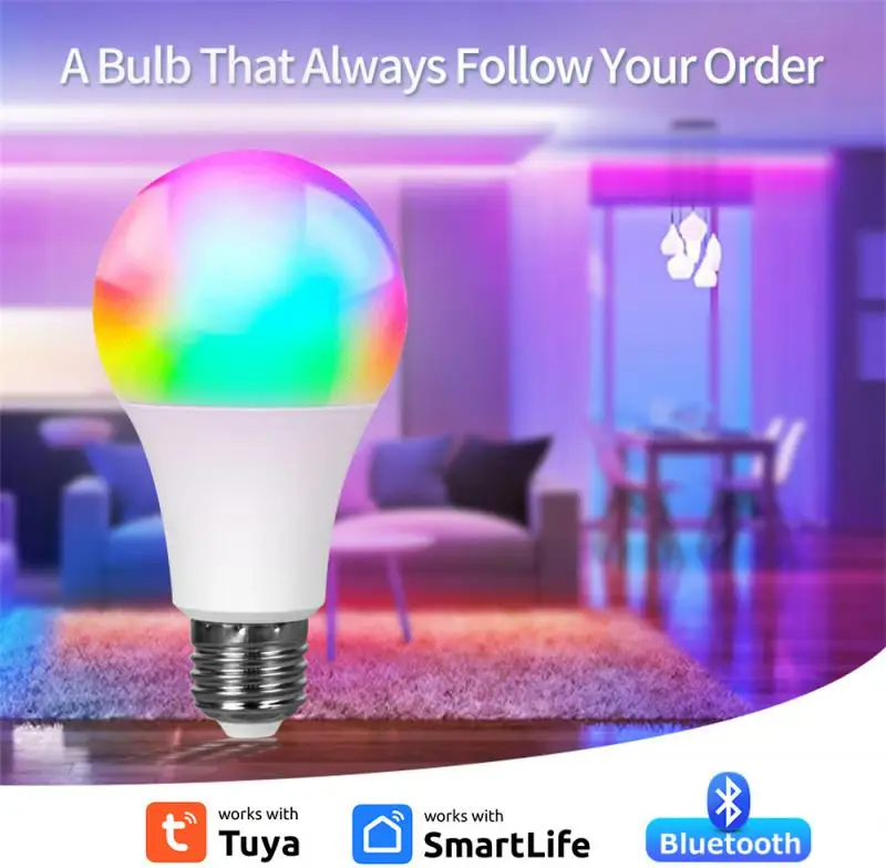 AUBESS Wireless Bluetooth Smart Bulb Tuya APP Control Dimmable 15W E27 RGB+CW+WW LED Color Change Lamp Smart Home Decor