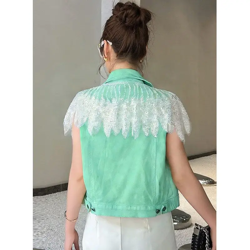 2026 Women Spring Summer Coat Mesh Stitching Fringed Denim Vest New Fashion Candy Color Sleeveless Short Jacket Female Waistcoat
