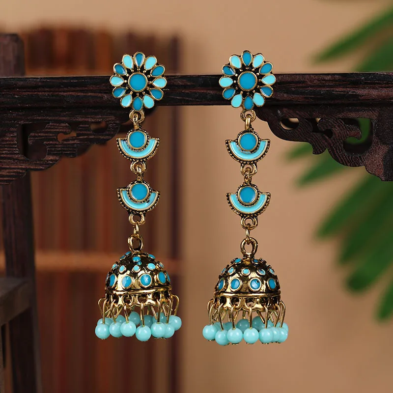 Bohemian Blue Flower Long Dangle Earring for Women Vintage Gold Alloy Bell Tassel Earrings Bridal Wedding Jewelry Pendientes