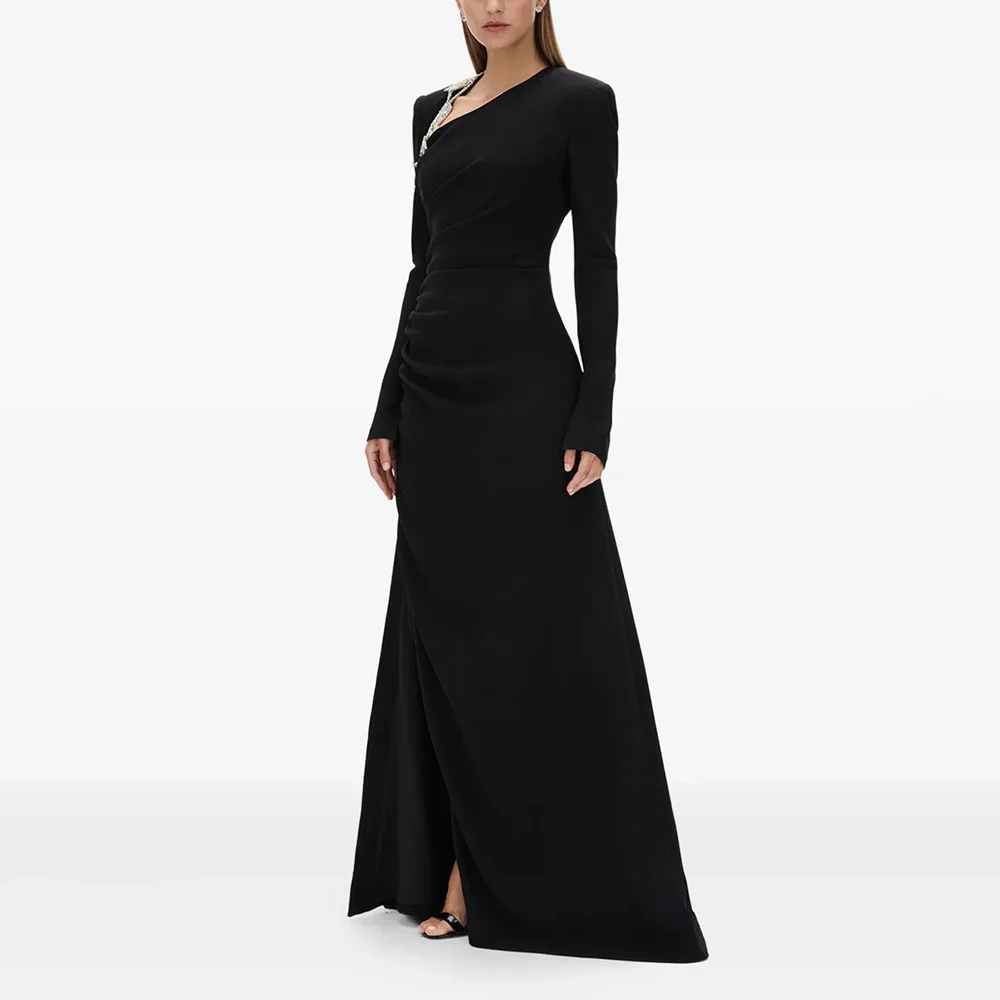 

Black Evening Dress Customized Long Sleeves Crystal V-Neck Jersey Mermaid Evening Gown Elegant Slit Wedding Party Dress