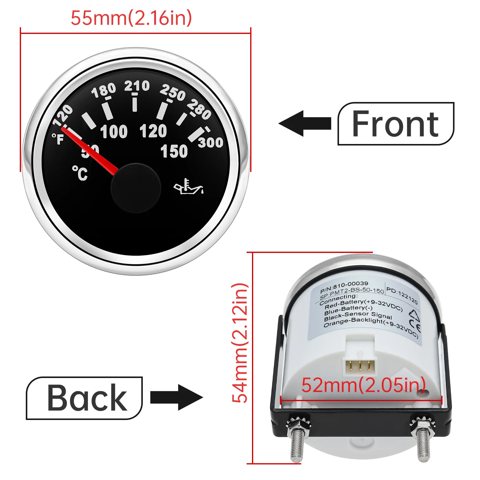 52mm Car Oil Temperature Gauge 50-150℃ Car Temperature Indicator Oil Temp Digital Meter+Sensor for Car Truck Marine Boat 9-32V