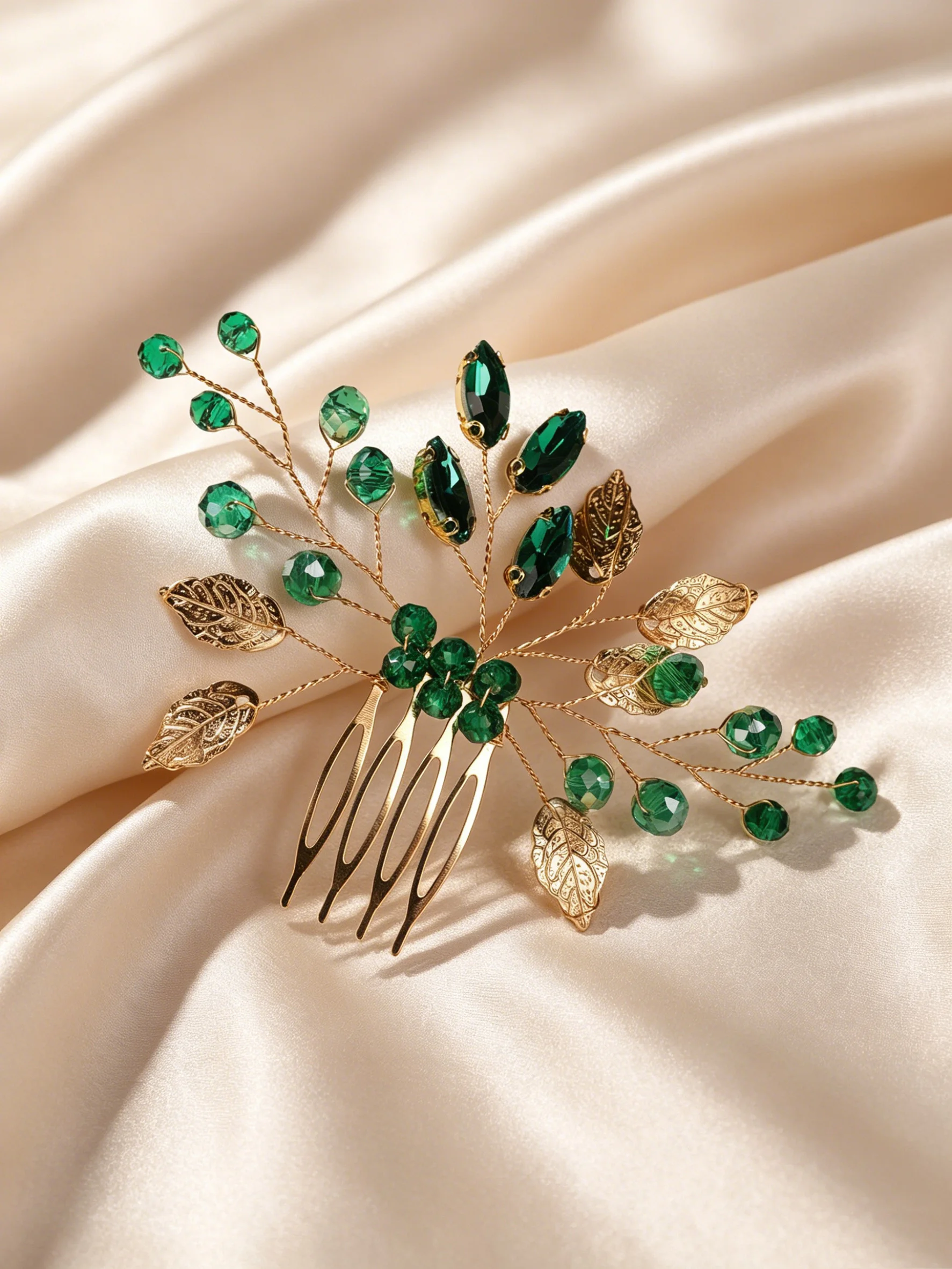 European and American Style Emerald High-End Elegant Crystal Hair Comb with Golden Leaf Side Comb Wedding Hair Accessory