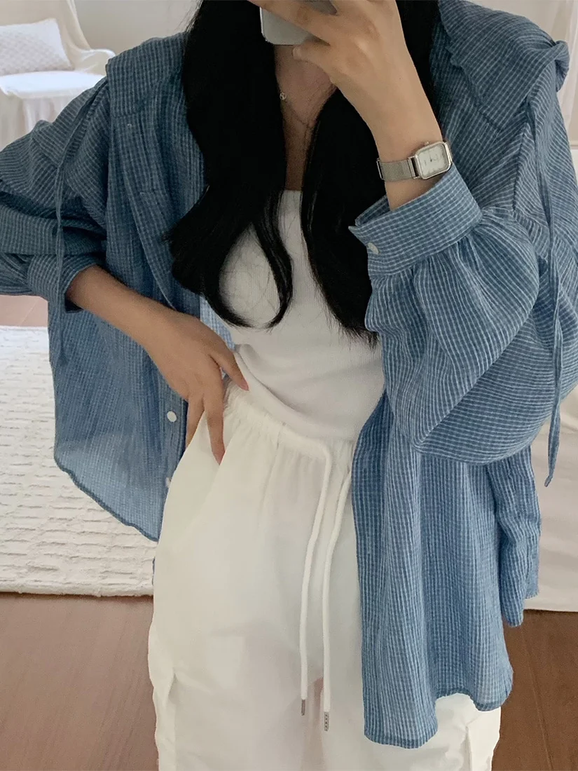 

Blue Plaid Hooded Shirt Women's Summer Loose Slimming Lazy Style Casual Thin Long Sleeve Sun Protection Outerwear
