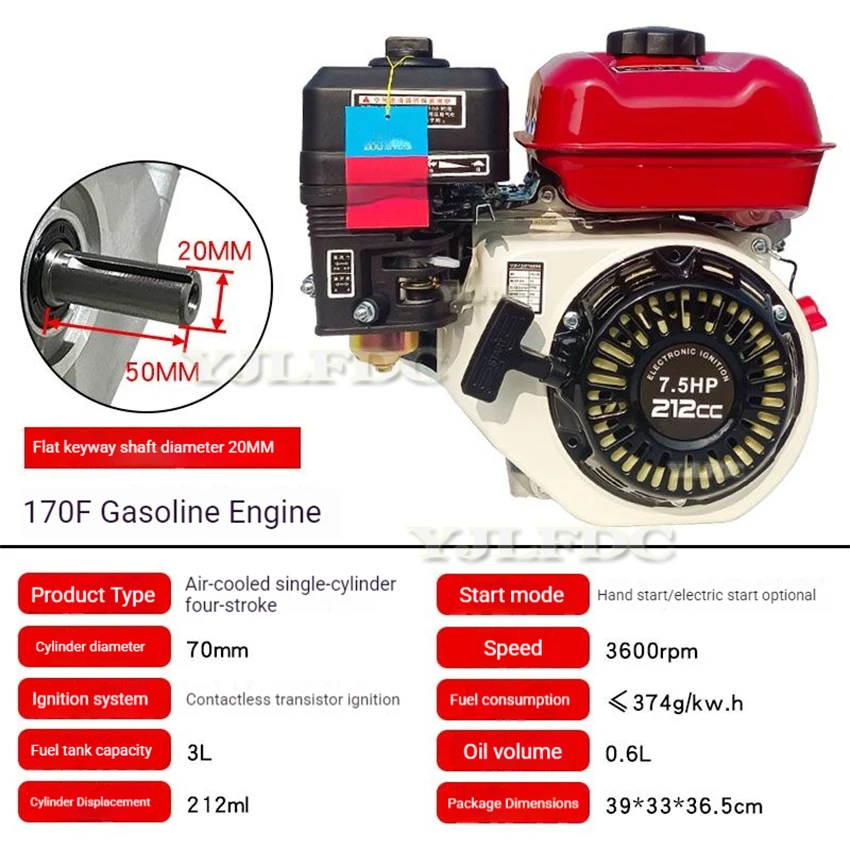 7.5HP 4KW 212CC Horsepower Electric start  Engine 170F High-power  Power Single Cylinder Four Stroke OHV