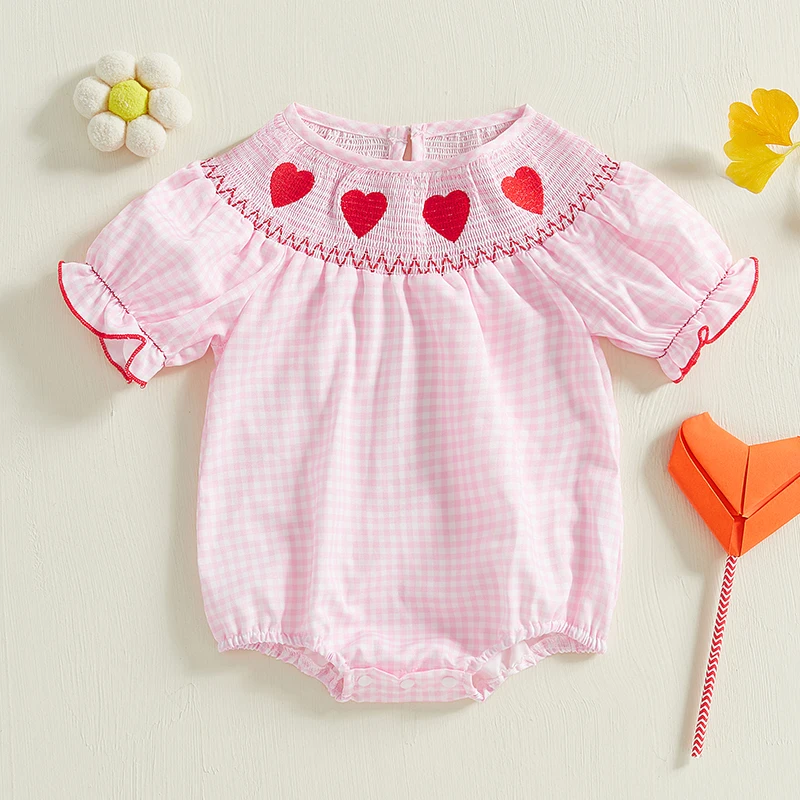 Baby Girl Valentines Day Outfit Love Heart Smocked Bubble Romper Puff Short Sleeve Bodysuit Toddler Summer Clothes