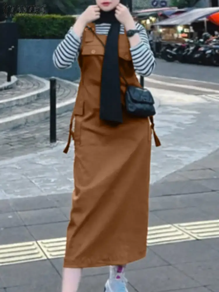 

ZANZEA Women Summer Overalls Dress Muslim Turkey Abaya Vintage Strap Solid Cargo Sundress Dubai Vestidos Casual Holiday Dresses