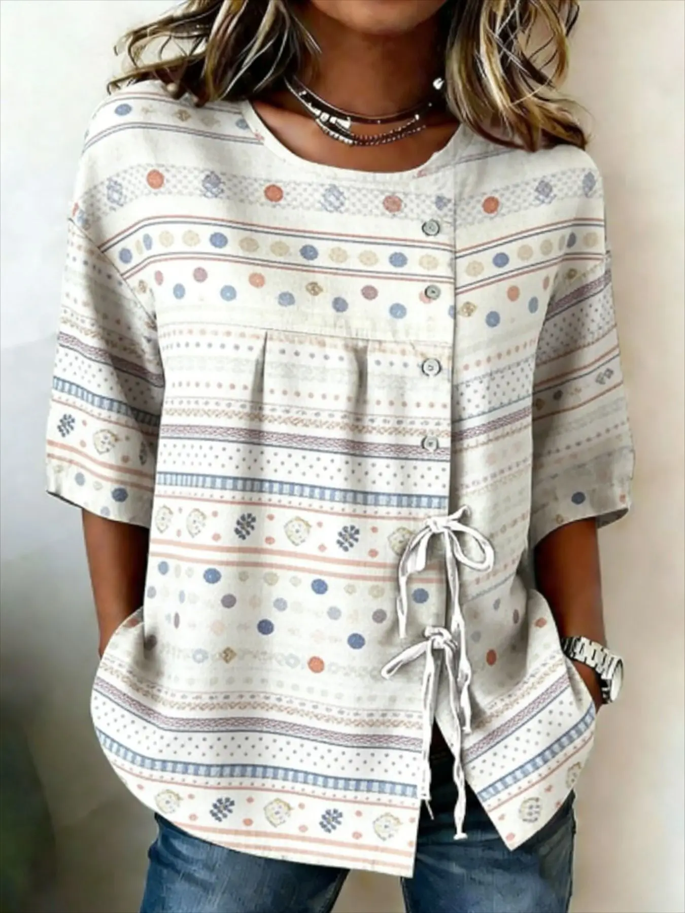 

Women's Boho Striped Dot Print Drawstring Button Up Blouse, Casual Round Neck Tops for Spring Summer Daily Vacation Wear