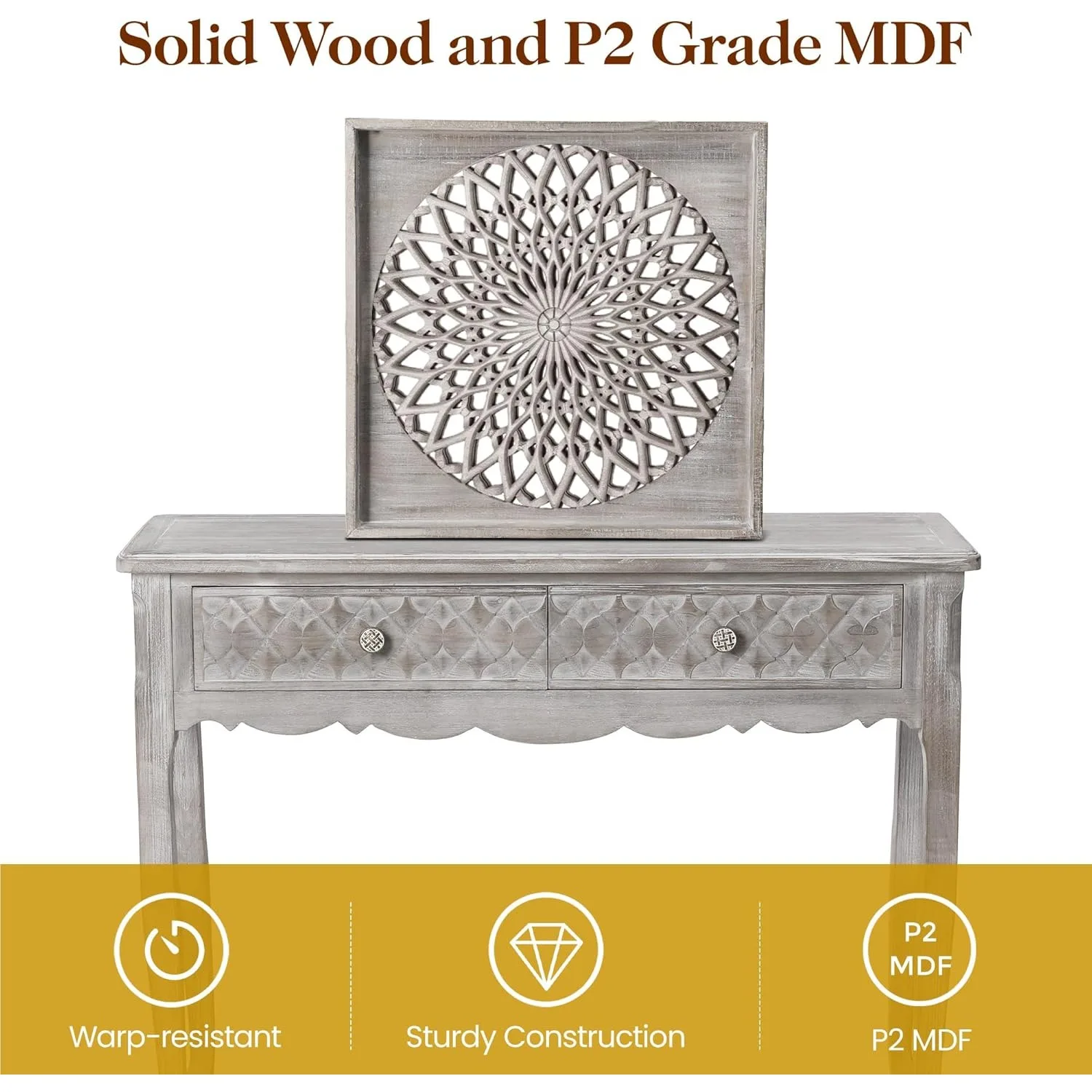 Solid Wood Entryway Table, Farmhouse Console Table with Storage and Carved Drawers, Rustic Console Tables for Entryway