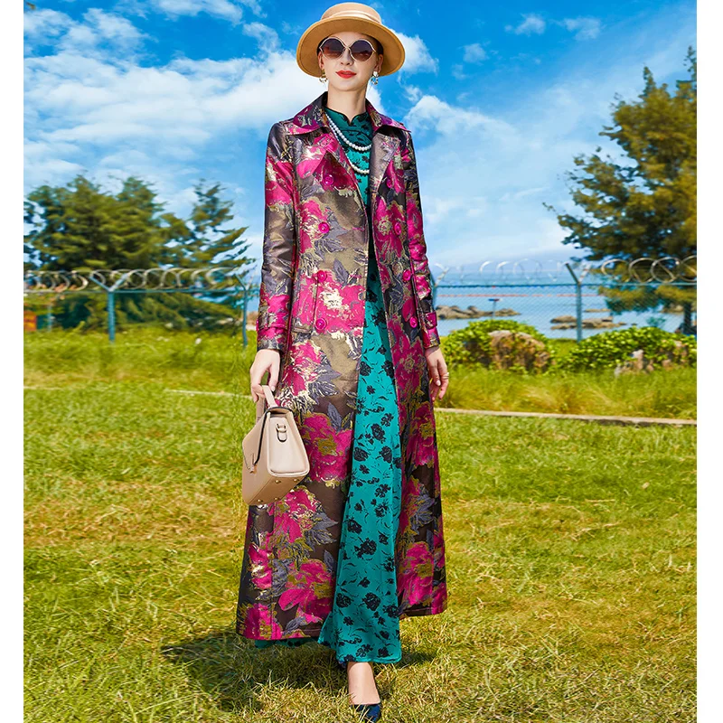 Luxury Women Autumn Winter Jacquard Coat Floral Double Breasted